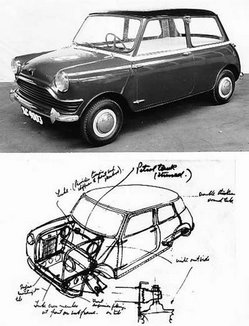 Prototype Mini and one of Issigonis's original concept sketches