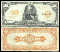 A picture of a gold certificate (top image is the obverse of the certificate, bottom image is the reverse of the certificate)