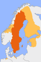 The Swedish Empire in 1658 (orange) overlaid by present day Sweden (red)