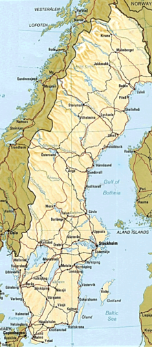 A map of Sweden with largest cities and lakes and most important roads and railroads, from a printed CIA World Factbook.