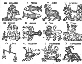 Zodiac signs, 16th century European woodcut
