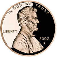 2002 Lincoln cent, obverse, proof with cameo