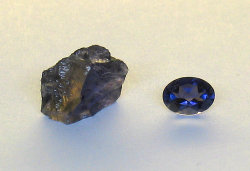 Left: rough specimen showing dichroism; right: cut stone.