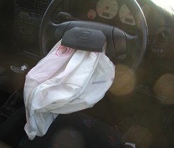 An automobile airbag, like this one in a crashed SEAT Ibiza car, deflates after 0.3 seconds.