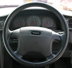 A modern road car's steering wheel