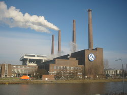 The Volkswagen main factory in Wolfsburg with its own power plant in the front.