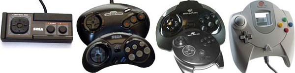 A range of gamepads for SEGA video game consoles. Left to right, top-to-bottom: Master System controller (1985), Genesis/Mega Drive controllers (1988+), Saturn controller (1994), NiGHTS Saturn game controller (1996), and Dreamcast controller (1998).