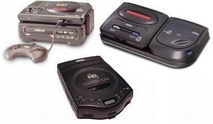 Three versions of Sega CD: The Mega-CD 1 and 2 and the CDX/Multi-Mega.