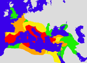 The extent of the Roman Empire in 133 BC (red), 44 BC (orange - late Republic, conquests by republican generals like Pompey and Julius Caesar), 14 AD (yellow - conquests of Augustus) and 117 AD (green - conquests by later emperors).