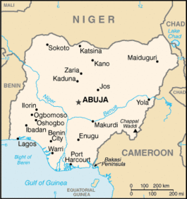 Map of Nigeria showing Lagos on the lower left