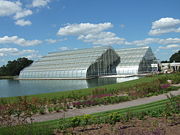 A modern greenhouse in Wisley Garden, England,  made from float glass