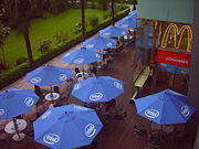 An area of typical patio furniture, including umbrellas, in Taiwan.