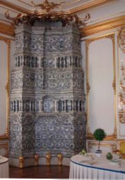 Tile stove (for heating) in the dining room of the Catherine Palace, St. Petersburg.