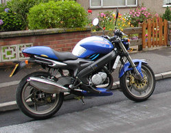 A 125 cc motorcycle, the Italian-manufactured Cagiva Planet.