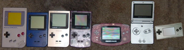 From left to right: Game Boy, Game Boy Pocket, Game Boy Light, Game Boy Color, Game Boy Advance(GBA), Game Boy Advance SP, Game Boy micro.  The trademark Game Boy became ambiguous to fans of the Game Boy series.